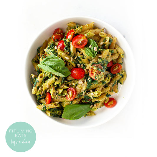 red lentil rotini, sunflower seed pesto, grape tomatoes, zucchini, healthy meal prep company